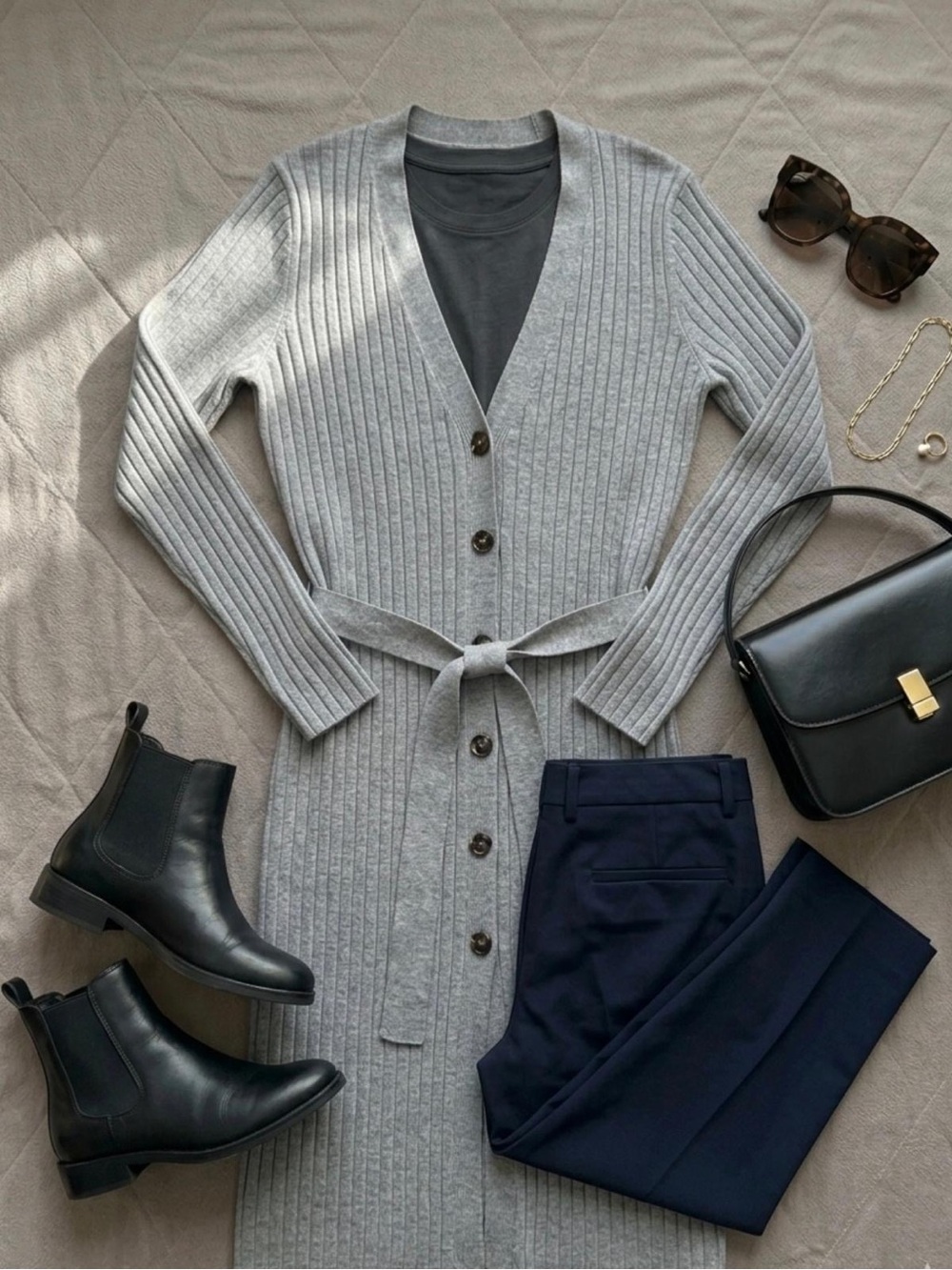 Time and Tru Light Gray Ribbed Button-Front Belted Long Cardigan